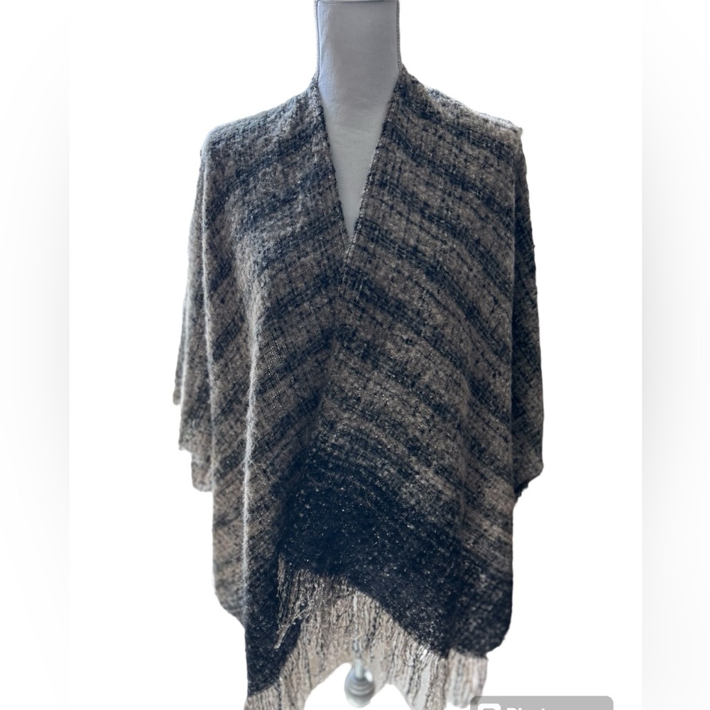 Brown, black, tan plaid sweater ruana.